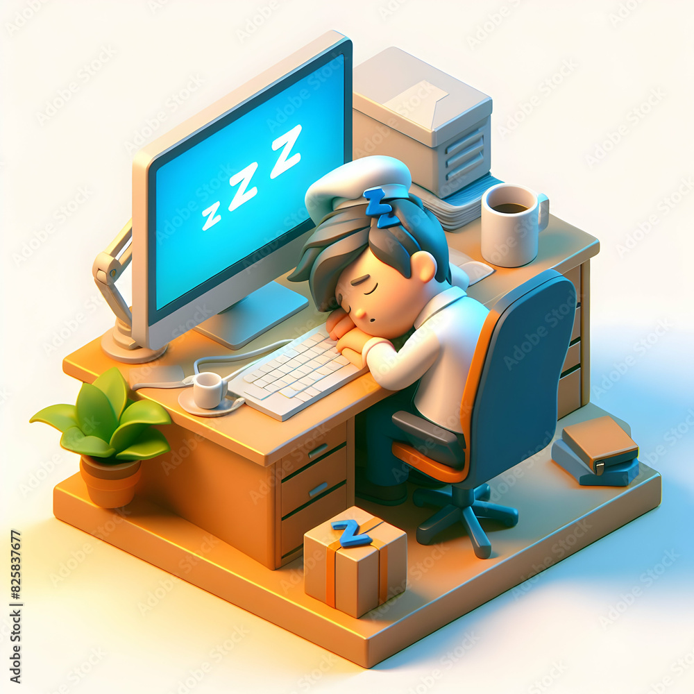 Aufkleber sleeping developer at keyboard in dimly lit office 3d flat icon illustration showcasing software dev