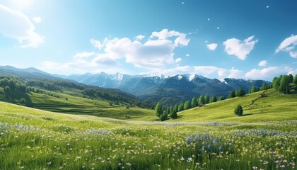Fototapeta premium A stunning spring day landscaping views of fertile land surrounded beautiful green vegetation, wide stretches of hills and mountains with clear skies in spring