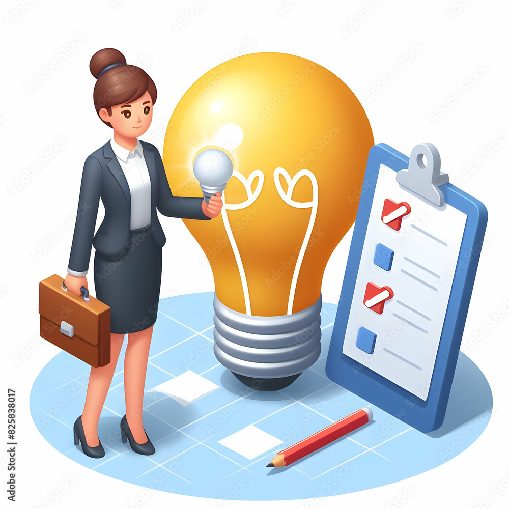 Aufkleber 3d employee concept with light bulb and checklist for idea implementation in cartoon style