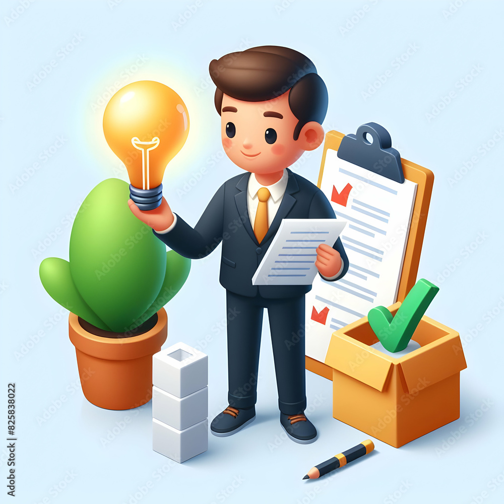 Poster 3d flat icon concept: employee with light bulb and checklist illustrating new idea organization in c
