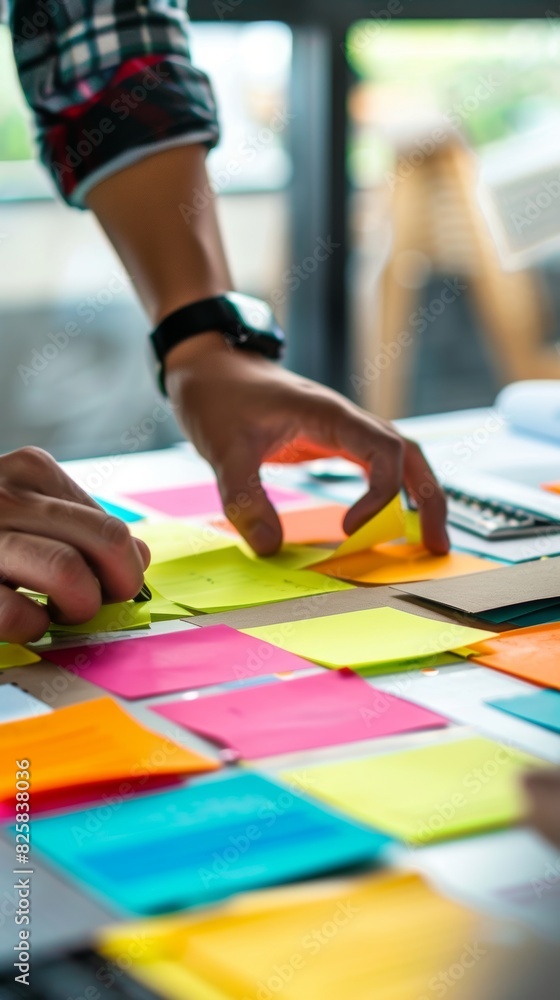 Poster a person is writing on a table with colorful sticky notes