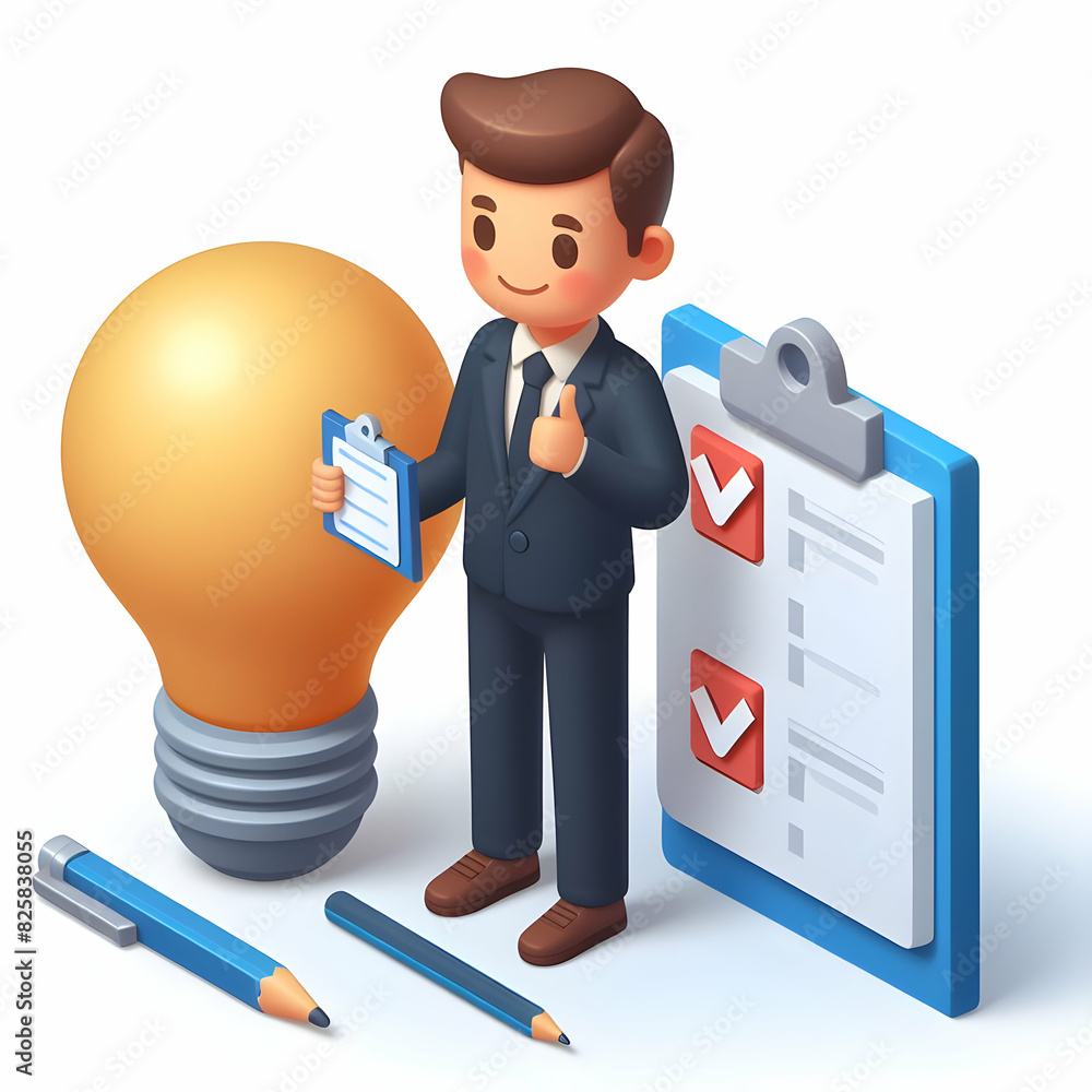 Poster 3d flat icon: employee sparking innovation with light bulb and checklist cartoon style concept illus