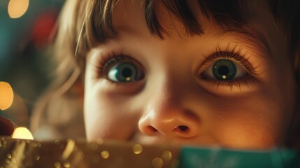 Close-up of a child's face lighting up with joy as they unwrap a gift, eyes wide with excitement...