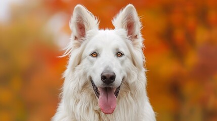 Obraz premium A white dog sticking out its tongue at the camera, surrounded by a blurred foreground of trees and leaves, while the background is also blurred