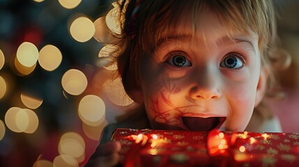Close-up of a child's face lighting up with joy as they unwrap a gift, eyes wide with excitement...