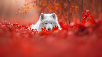  A white dog sits in a field of red and yellow leaves, gazing seriously at the camera
