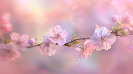 Obraz premium Close-up of a delicate cherry blossom branch against a soft pastel sky, symbolizing the beauty of spring.