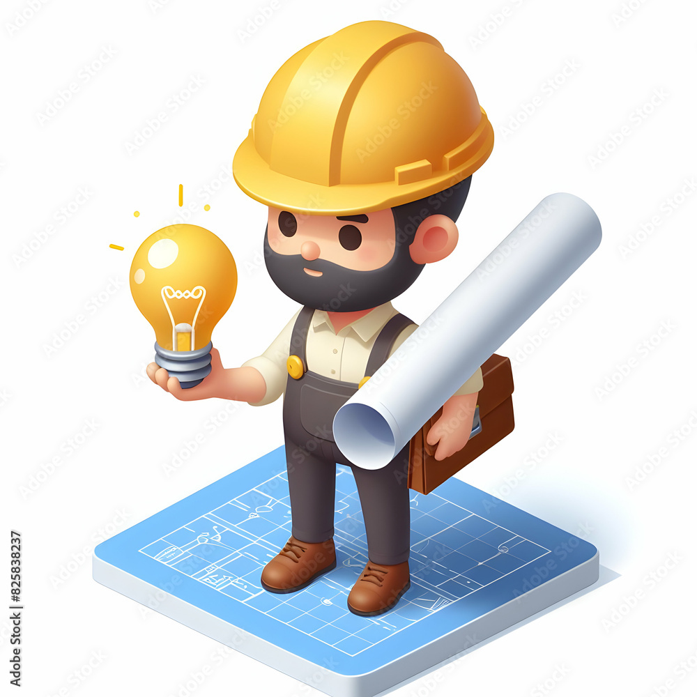 Poster cartoon style 3d flat icon of engineer with light bulb and blueprints integrating new ideas into tec