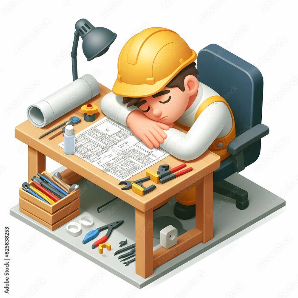 Aufkleber exhausted engineer resting at workbench: a 3d flat icon depicting commitment and fatigue in intensiv