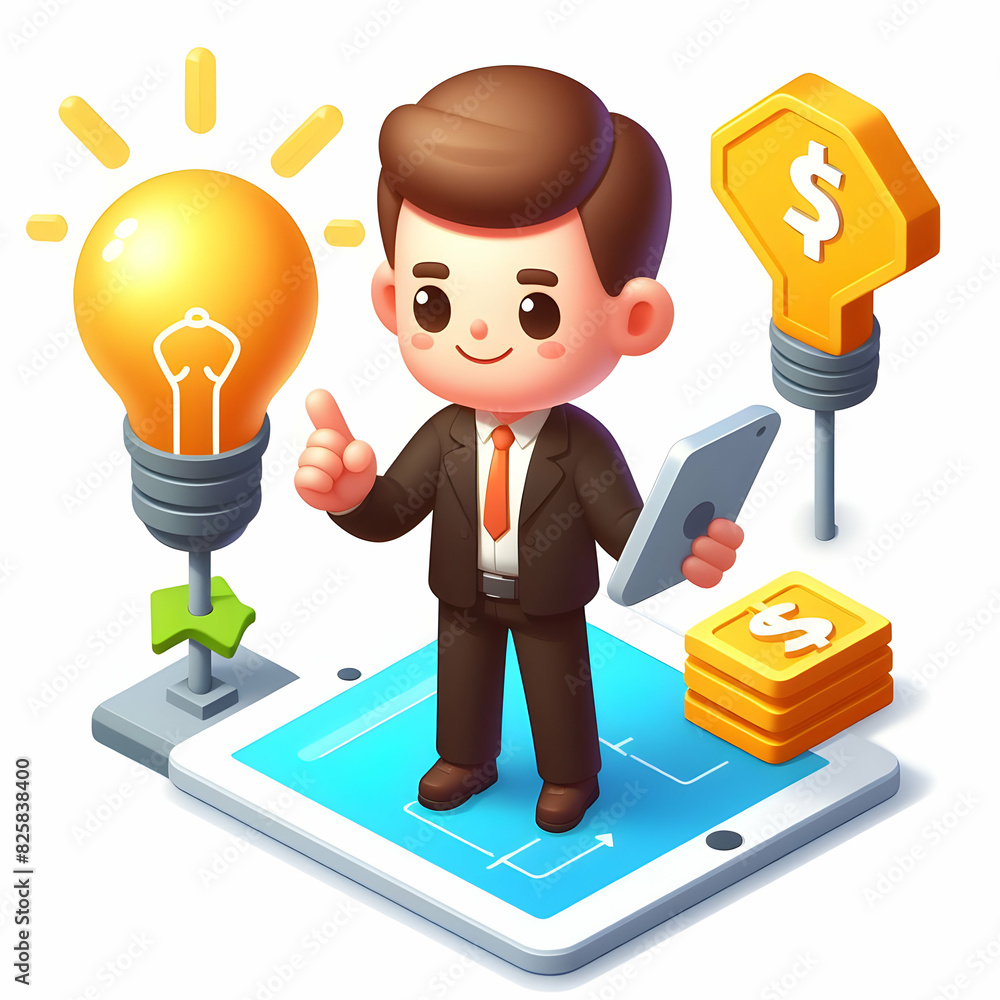 Aufkleber 3d flat icon of executive with light bulb and tablet implementing new ideas in tech driven environme