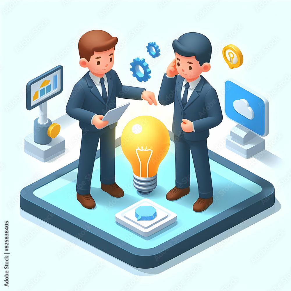 Poster tech driven innovation: executive with light bulb and tablet implementing new ideas in cartoon style