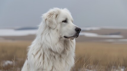  A large white dog stands atop a dry grass-covered field Surrounding it are tall, dry grasses In the backdrop, a snow-covered hill rises - Powered by Adobe