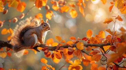 Close-up of a squirrel perched on a branch, surrounded by vibrant autumn leaves, gathering nuts for the leafy season.