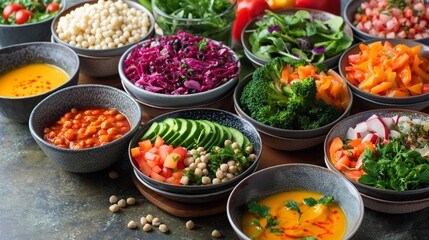 A variety of fresh vegetables, grains, and legumes in bowls, highlighting a vibrant and healthy meal selection.