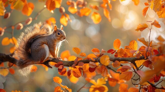 Close-up of a squirrel perched on a branch, surrounded by vibrant autumn leaves, gathering nuts for the leafy season.