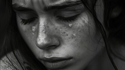 Close-up of a woman's face with eyes closed, tears rolling down her cheeks, overcome with sorrow.