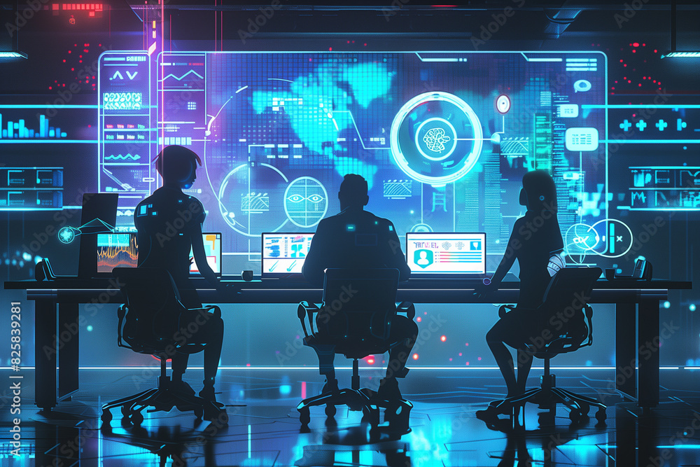 Wall mural Business people meeting in futuristic office setting with holographic data visualization. Digital technology for marketing data analysis and investment decision making