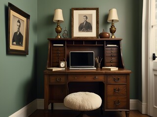 Vintage-inspired home office with antique furniture and retro decor, generative AI