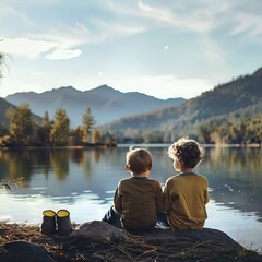 Copy space alongside a serene image of brothers enjoying nature together.