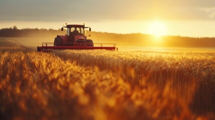 Fototapeta premium Tractor harvesting a golden wheat field at sunset, showcasing agricultural machinery and the beauty of farming during a serene golden hour.