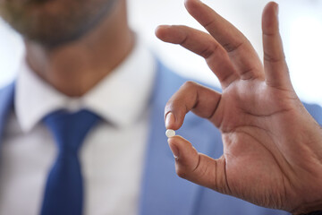 Businessman, okay sign and pill for health in office, promotion and tablet for healthcare. Male person, thank you emoji and employee in workplace, agreement and satisfaction for supplements or drug