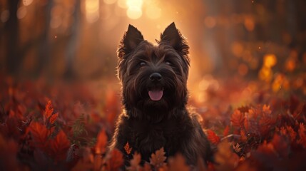  A tight shot of a dog in a sea of leaves Sunlight filters through the trees, casting a hazy impression of the pooch's visage behind