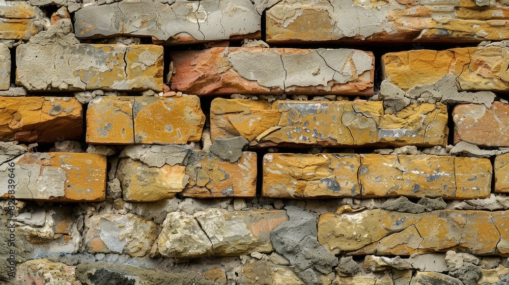 Poster close-up of weathered bricks forming a rustic wall, with cracks and crevices adding character.