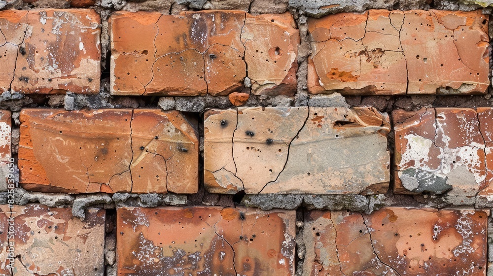 Poster close-up of weathered bricks forming a rustic wall, with cracks and crevices adding character.