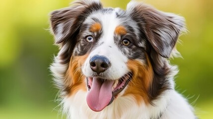  A tight shot of a dog's face, tongue extended, and hanging loosely, surrounded by a blurred foreground of grass and trees