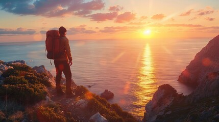 A man is standing on a rocky cliff overlooking the ocean - Powered by Adobe