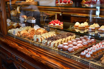 A display of pastries with a variety of flavors and toppings generated by AI