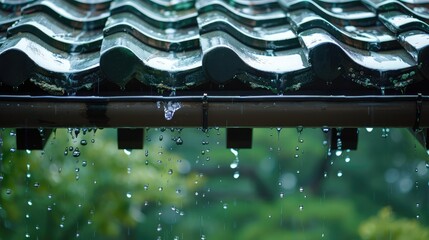 Raindrops dripping from the eaves of a traditional tiled roof, symbolizing the onset of the rainy season.