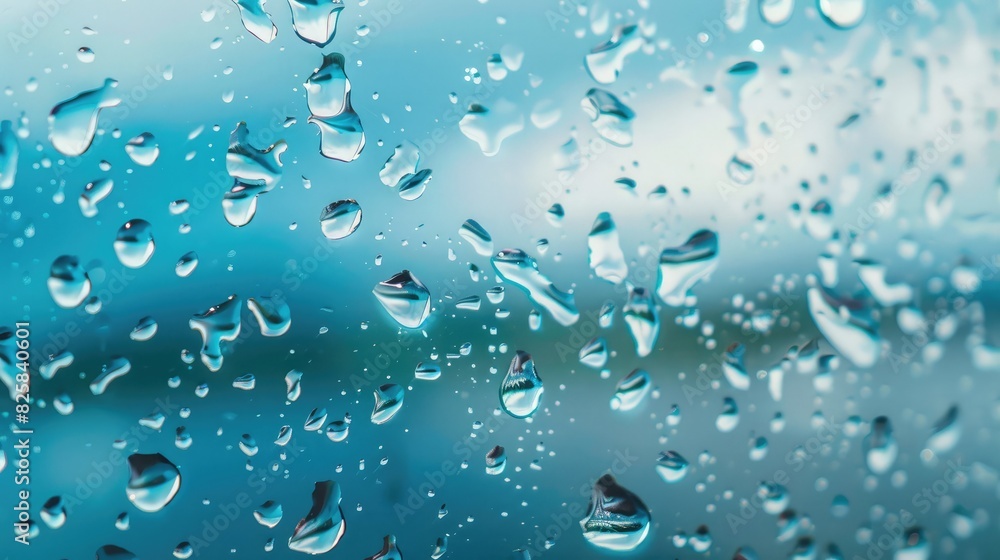 Poster raindrops splashing on a windowpane, distorting the view of the world outside during the monsoon sea