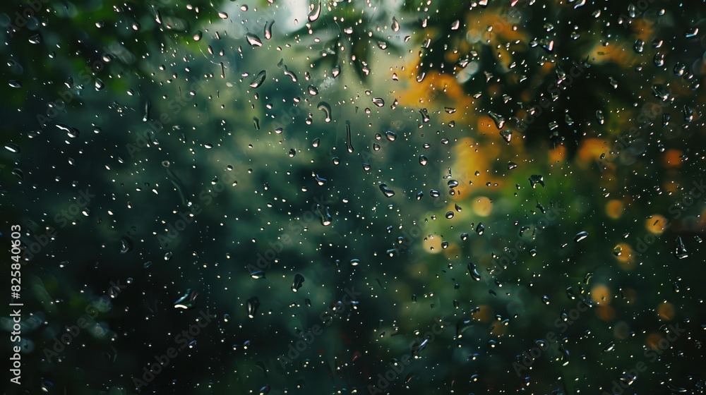 Poster raindrops splashing on a windowpane, distorting the view of the world outside during the monsoon sea