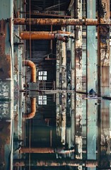 Flooded industrial building with rusty pipes and concrete pillars reflecting in the water