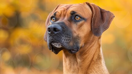  A tight shot of a dog's face with a softly blurred background and a slightly blurred dog head in the foreground