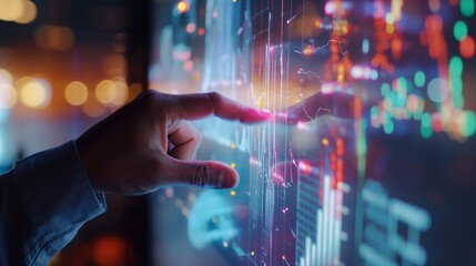 Innovative Business Insights: Man Leverages Electronic Hologram for Data Analysis and Strategic Trade Planning. A man's hand touches a technological touch screen.