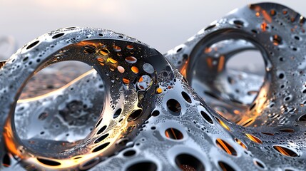 3D rendering of a strange and wonderful alien landscape. The surface is covered in strange, organic-looking structures that seem to be made of metal.