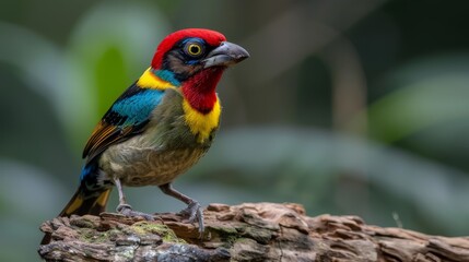  A vibrant bird perches on a tree branch against a backdrop of a dense, green forest Behind it, sunlight filters through leaves, creating a lush scene The sky, soft