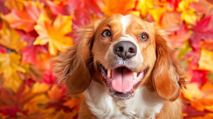  A brown and white dog sits in front of a pile of leaves with its mouth open and tongue out