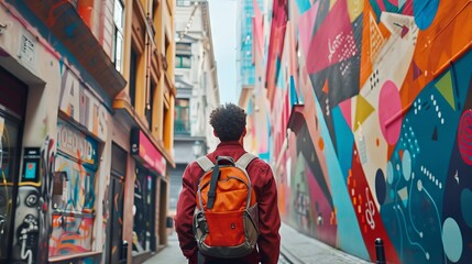 Fototapeta premium A man wearing a red jacket and carrying a backpack walks down a colorful street