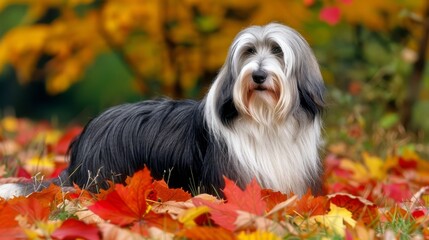  A black-and-white dog stands in an autumnal field among yellow and red leaves Behind, a yellow and red tree dominates the backdrop In the foreground, a yellow