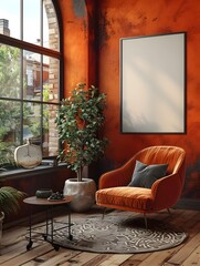 D Rendered Frame Mockup on Living Room Wall Modern Interior Design