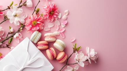Top down view of a white gift bag alongside spring blooms and macarons on a pink backdrop comprising a lovely treat of vibrant almond cookies in soft hues