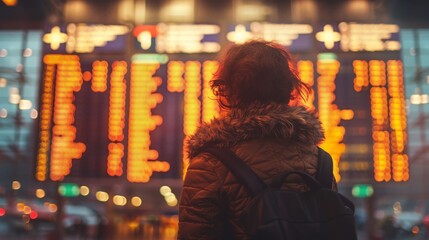 Tourist looking at flight schedule at airport 