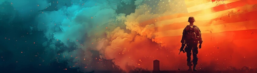 Fototapeta premium Silhouette of soldier standing against American flag smoke background for patriotic tribute