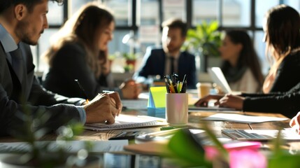 A group of people are sitting around a table with pens and papers