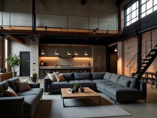 Contemporary loft with industrial elements and open-plan living space, generative AI