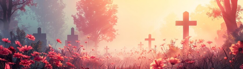 Foggy cemetery with wildflowers and crosses at sunrise honoring fallen soldiers on Memorial Day