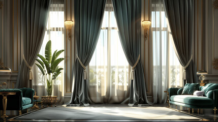 luxurious charcoal gray velvet curtains with emerald green tiebacks, framing tall windows